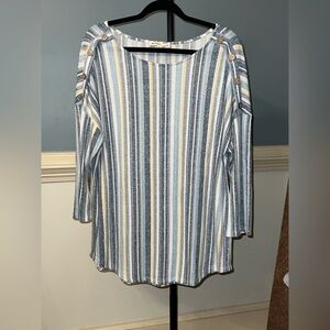 Above and Beyond Striped Long Sleeve Top Button Details blue‎ Woman’s Plus 2X
